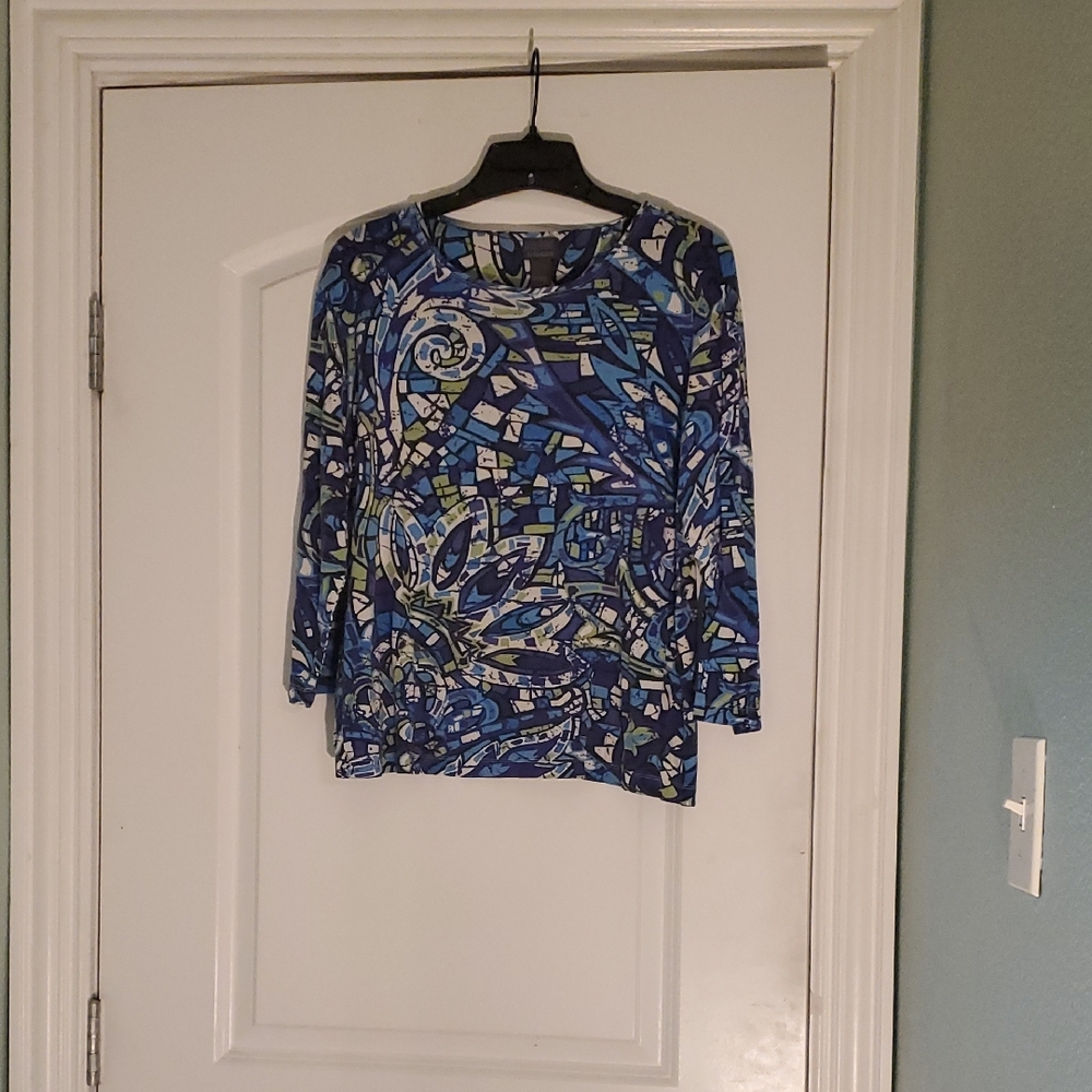 Chico's Multicolor Blue Mosaic Long Sleeve Tee